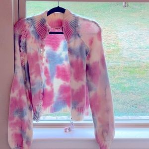 Pink and blue sweater zip up cardigan sweater
